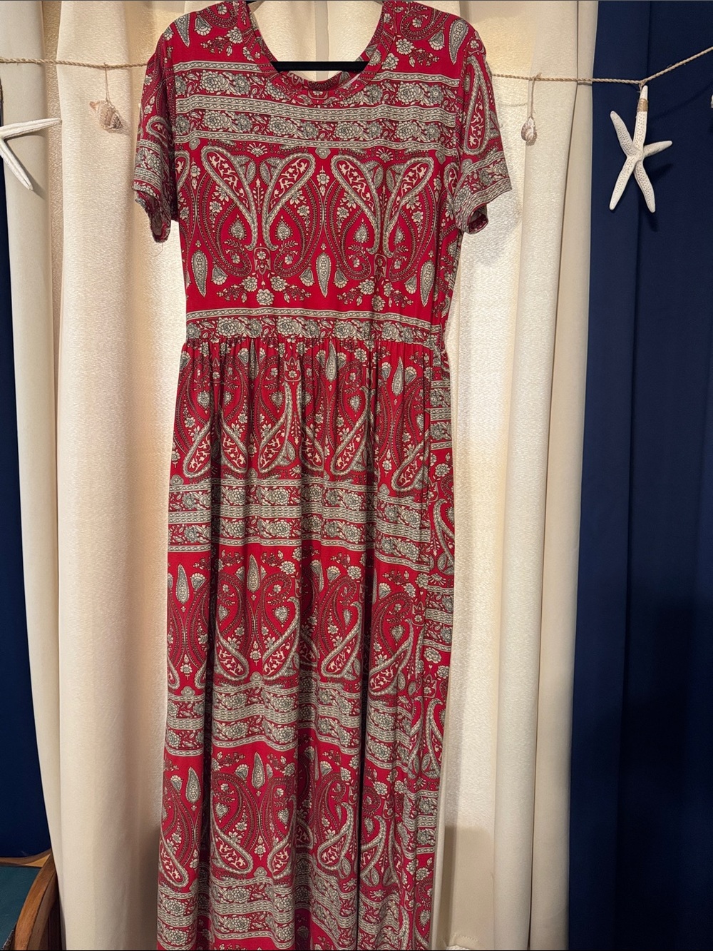 AUSELILY Red & Tan Paisley Short Sleeve Maxi Dress